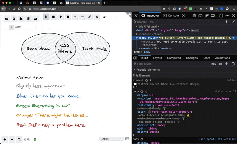 Toggling dark mode for the Excalidraw UI on excalidraw.com