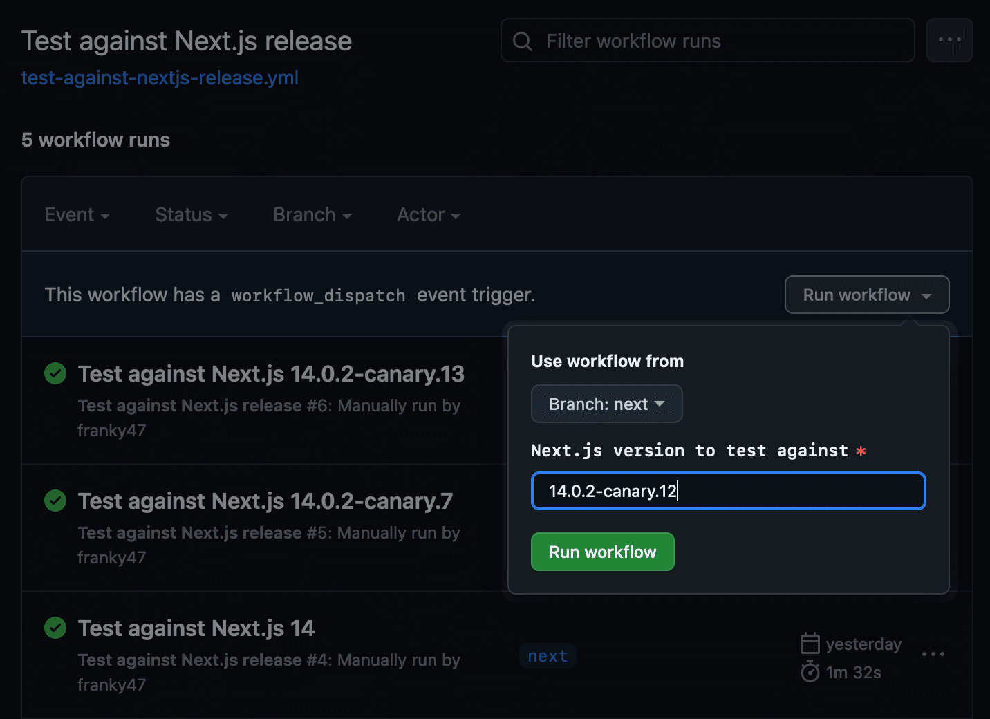 Screenshot from the GitHub web UI. A popup asks for a branch to use, and a text input for the "version" reads "14.0.2-canary.12".