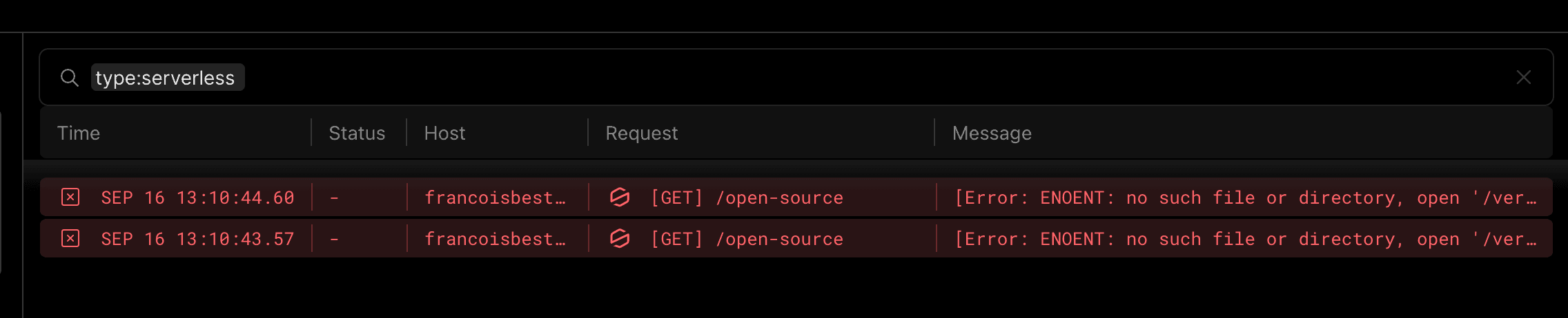 A screenshot of the Vercel logs showing errors (detail below)