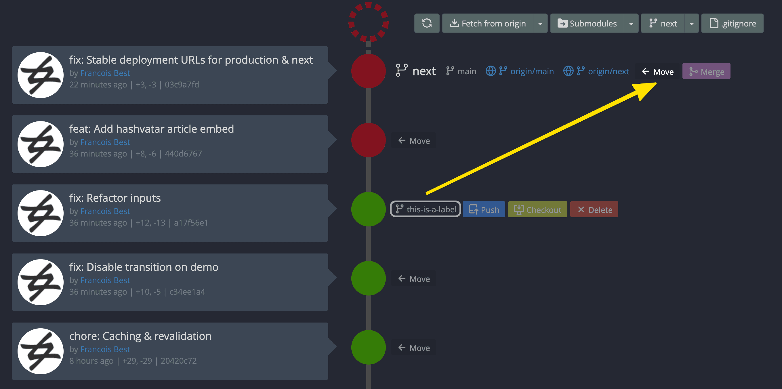 Ungit showing a git tree with several commits in line. The "this-is-a-label"
branch can be moved from an old commit to the HEAD with ungit.